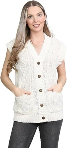 GUBA Womens Sleeveless Cable Knitted Grandad Waistcoat Cardigan, Ladies 5 Button Casual Winter V-Neck Knit Wear Sweater Jumper Top 2 Pocket Size S-XXL (Cream, XL)
