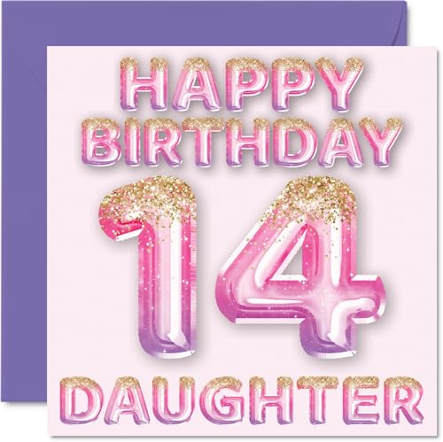 14th Birthday Card for Daughter, Pink & Purple Glitter Balloons | Happy Birthday Cards for 14 Year Old Daughter from Mum or Dad Parents, 145mm Bday Greeting Cards Gift