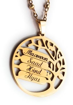 Lyly'S Collier arbre de vie 1-8 prénoms porte clé personnalisé fête des mères fêtes des pères acier inoxydable argent caeeau famille (Collier or)