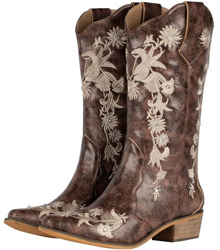 SheSole Women's Western Country Wedding Cowgirl Cowboy Boots Wide Calf Floral Embroidery Rhinestones Brown UK Size 8