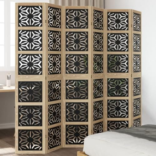 Juroupi 6-TLG. Raumteiler Balkon Sichtschutz Room Divider Raumtrenner Paravent Raumteiler Innen Braun und Schwarz Massivholz Paulownia - 358811