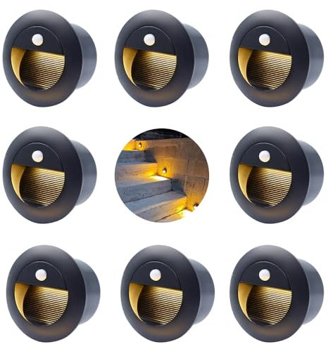 FWoche Treppenbeleuchtung mit Bewegungsmelder warmweiß 8pcs, 1.5W rund Wandleuchte IP65 65mm(Nicht die Standardgröße 60mm) Flurlampe aussen Treppenlicht Sensor mit Dose Aluminium, 230V, schwarz