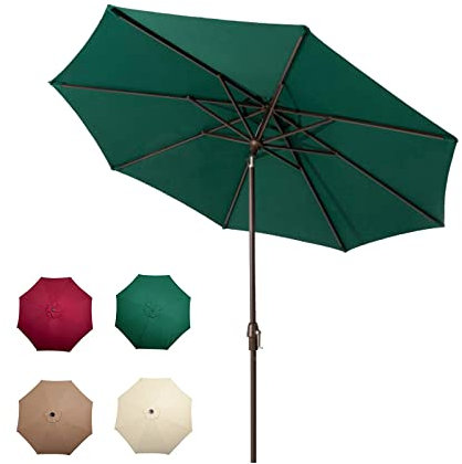RUHEN Parasol de jardin inclinable rond de 2,7 m, parasol avec manivelle pour jardin extérieur, patio, camping, vin rouge, vert foncé, beige, kaki, café, parasol incliné sans base