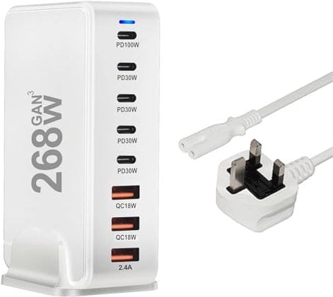 USB C Muti Fast Black Charger, 268W 8-Port GaN Fast Charging Station,Laptop Black Charger for Dell Chromebook 3100 2 in 1 White