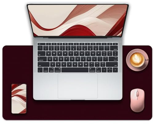 Rutschfest Schreibtischunterlage, 60 x 35 cm großes Mauspad mit Leder und Rutchfeste Wildleder, wasserfeste Laptop Tischunterlage, Tisch-Schutz Unterlag für Büro/Haus/Deko (Burgunderrot)