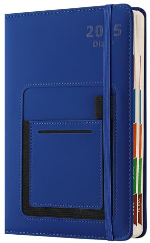 Akademischer Terminkalender 2025, A5-Seite pro Tag von Januar bis Dezember 2025, mit buntem Monatsregister, Vorder-/Innentasche, elastischer Verschluss, Blau