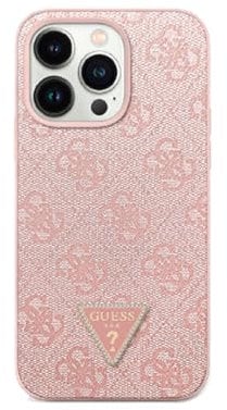 GUESS PU Leather 4G Triangle Metal Rhinestones Phone Case for iPhone 16 Pro Max (Pink)