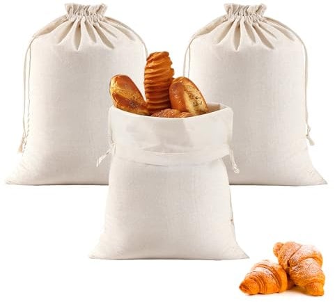 3 Pcs Cotton Bread Bags, 40 x 30cm, Bread Bag for Homemade Bread, Bread Bags to Keep Bread Fresh, Cotton Bag for Bread, Bread Storage Bags, Reusable Drawstring Bread Bag for Bread, Eggs, Fruits