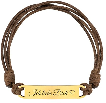 Lumari Gold Personalisierte Gravur Armband - Partner Armband mit Namen, Edelstahl Platte für Damen & Herren - Langlebiges Geschenk zum Geburtstag, Braun/Gold