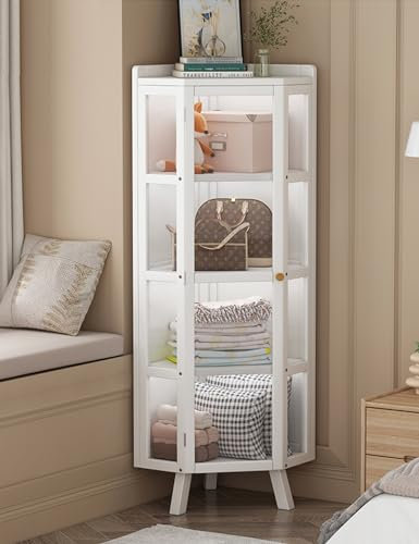 Viaosa Eck-Aufbewahrungsschrank mit Acryltür, freistehender, hoher Vitrinenschrank für Wohnzimmer, Heimbüro, Küche, weißer 4-stufiger Regalständer (5 Ebenen)