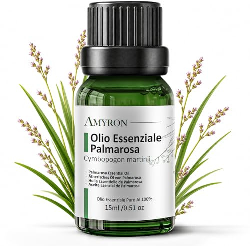Olio Essenziale Di Palmarosa 15ml AMYRON | Cymbopogon Martini | Puro E Naturale Al 100% | Idelae Per Aromaterapia E Uso Terapeutico | Diffusore Di Oli Essenziali | Massaggi | Alimentare | Senza OGM