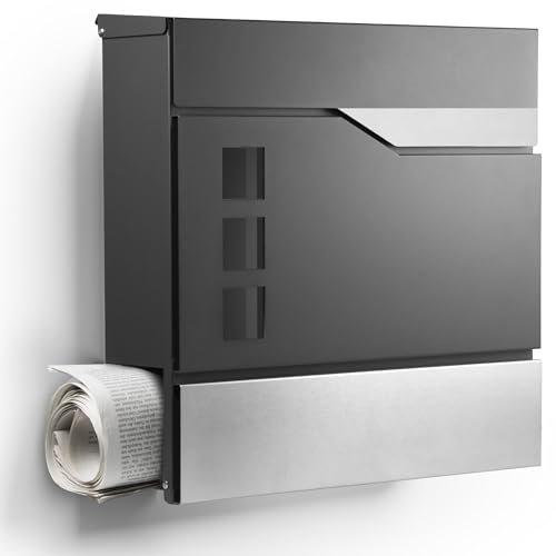 Moderner Briefkasten Personalisierbar Oslo Anthrazit RAL7016 - mit Zeitungsfach - Wandbriefkasten mit Edelstahl Namensschild und Hausnummer Gravur I Rostfrei und UV-beständig (Ohne Gravur)