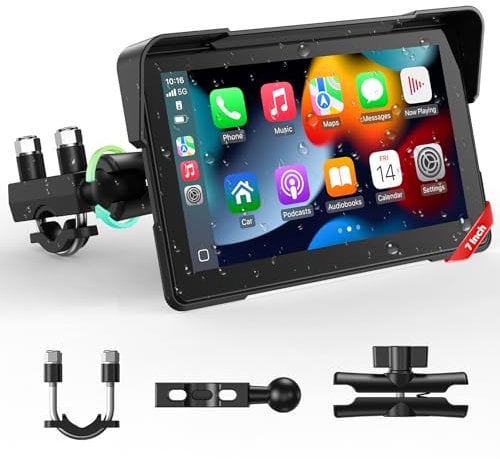 LAMTTO Pantalla Carplay para Motocicleta 7pulg, CarPlay Inalámbrico y Android Auto para Motocicletas con IPx7 Impermeable Táctil Pantalla, Bluetooth Navegación GPS Siri/G00gle Asistente
