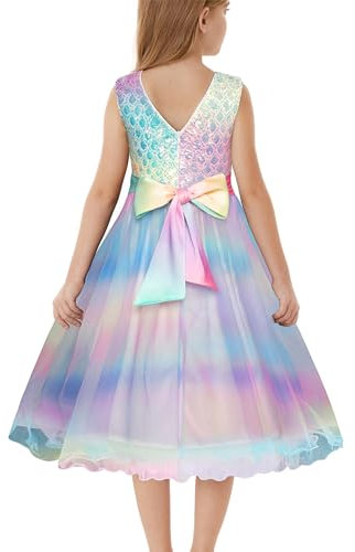 GRACE KARIN Mädchen Pailletten Prinzessin Kleid Party Hochzeit Blumenmädchen Tüllkleid Geburtstag Abendkleid Kinder Elegant Glitzerndes Kleid Regenbogen 7-8 Jahre