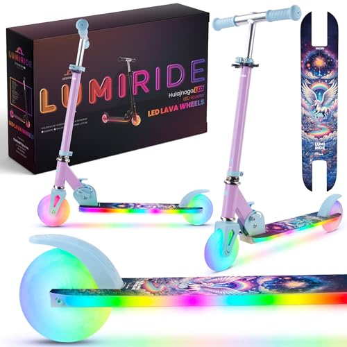 LUMI Ride Kinderroller 2 Räder ab 3 Jahren, LED - 7 Farben, 20 Programme - 3-stufige Lenkerhöhenverstellung, Fußbremse, abnehmbare Griffe (Einhorn)