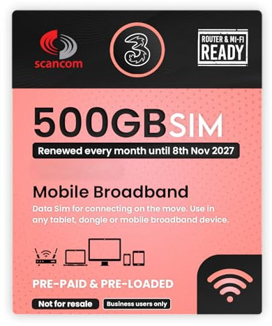 Three 500GB Data SIM – Uncapped 5G Speeds – Preloaded EVERY MONTH Until 8th NOVEMBER 2027 – No Contract – Plug & Play for Business Broadband, Routers & Phones