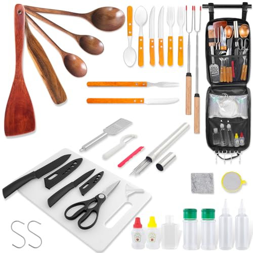 Wesqunie Set di utensili da cucina da campeggio per esterni, organizer da appendere + spatola in legno antiaderente, kit da cucina, campeggio, camper e falò