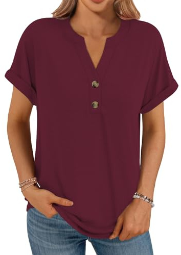 Cuptacc Tee Shirt Femme Col V avec Boutonnés Été Décontracté à Manches Courtes Élégante Couleur Uni Tunique Femme