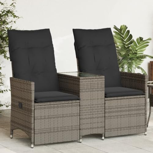 IKAYAA Balkonmöbel Set mit integriertem Tisch, Verstellbare Hochlehner Stühlen, Polyrattan Gartenbank 2-Sitzer, Gartensofa 2-Sitzer, Balkon Sitzgruppe, Grau, Hartglas Tisch