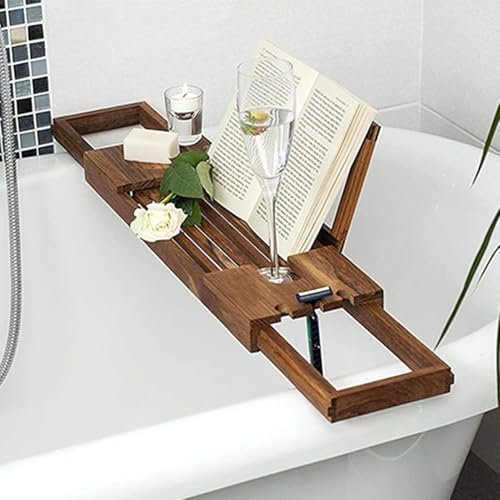OLSKFUH Plateau De Bain Extensible De 50 À 84 Cm, Support De Rangement pour Baignoire en Teck avec Support pour Verres À Vin, Support De Rangement Réglable pour Salle De Bai,