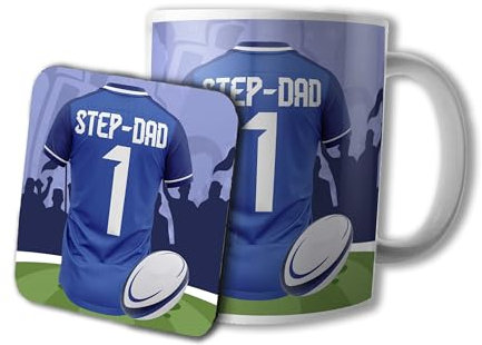 AK Giftshop Rugby Stepdad Mug and Coaster Gift Set, 320ml Ceramic Cup, Sports Jersey Design (Leinster)