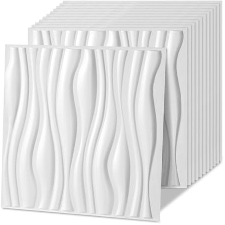 Jaxguom 3D Wandpaneele 48 Stück 50 x 50 cm (12m²), 3D Wall Panels Wave Optik, Hochsteifes PVC Wanddeko Platten, Wasserfest, Hitzebeständig, Matt weiß