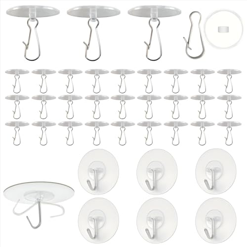 Chsukozic Pack of 36 Self-Adhesive Ceiling Hooks, No Drilling, 30 x Transparent Tilting Hooks 3 cm + 6 x Outdoor Adhesive Hooks 6 cm, Weatherproof Suction Cup Hooks for Ceiling & Wall (36)