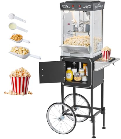 VEVOR Popcornmaschine Popcornautomat mit Kessel & Wagen, 800 W kommerzieller Popcornmaker, 48 Tassen pro Ladung, mit 2-Tasten-Bedienung, Glaswand, PC-Tür, 1 Portionierer, 3 Löffel, Schwarz