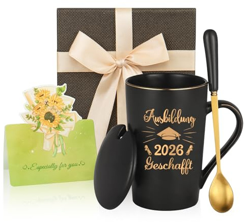 BeBeiZi Abitur 2026 Geschenk – Kaffeetasse mit Spruch „Ausbildung 2026 geschafft“ | Geschenkidee zur bestandenen Prüfung | 400 ml Keramik Marmorbecher in Schwarz mit Deckel, Löffel & Geschenkbox
