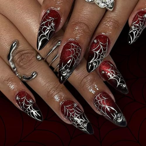 DMQ Halloween Press on Nails, 24Pcs Y2K Goth False Nails with Spider Net Design - Black & Red Gradient Glitter Fake Nails, Stiletto Stick on Nails with Glue for Halloween for Women Girls Nails Art