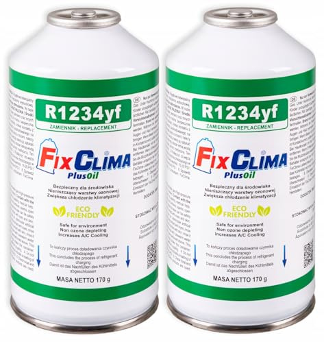 FixClima 2x Klimaanlage Auto Nachfüllset für R1234yf (ab 2016) – Ersatzgas 340g (2x170g entspricht 906g R1234yf) – Kältemittel Gas mit Öl & Aroma-Leckerkennung – M12/1,2 Gewinde – DIY Service Set