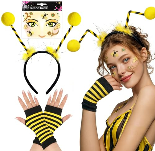 GluckGeschenk Bienen Kostüm Damen Accessoires, Bienenkostüm Damen - Bee Gesichtstattoo Karneval Haarreifen Damen und Handschuhe, für Fasching Cosplay Party