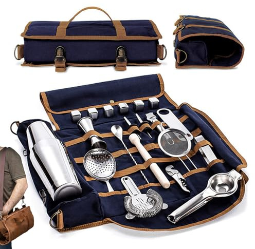Barkeeper Werkzeugtasche - Vielseitige Cocktail Bar Tasche mit Inneneinteilung, 38x36x4 cm, 535 g - Stabile Portables Barkeeper Tasche für Events & Reisen in Kaffeebraun/Blau (Blau)