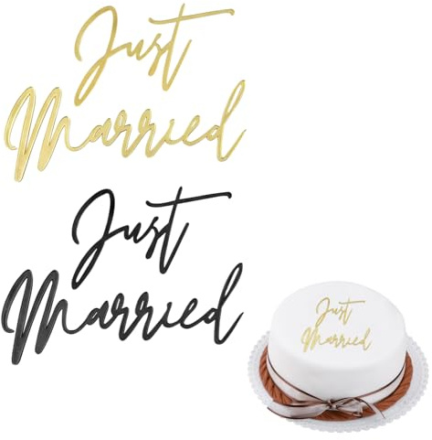 2 Stück Just Married Kuchen Topper | Acryl Just Married Kuchen Dekorationen | 10 x 9 cm Hochzeitstorten Topper für Hochzeit und Jubiläum (Schwarz + Gold)