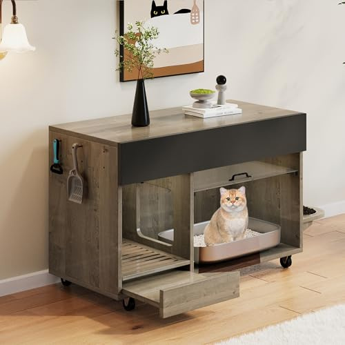 Bewegbarer Katzenkloschrank (Katzentoilettenschrank) – mit Katzenfuttertellern, Sandauffangschale, Lochplatte mit Hakenlöchern, ohne Katzenklo, 100×45,5×67 cm (antikgrau-braune Farbe, Eichenholzfarbe)