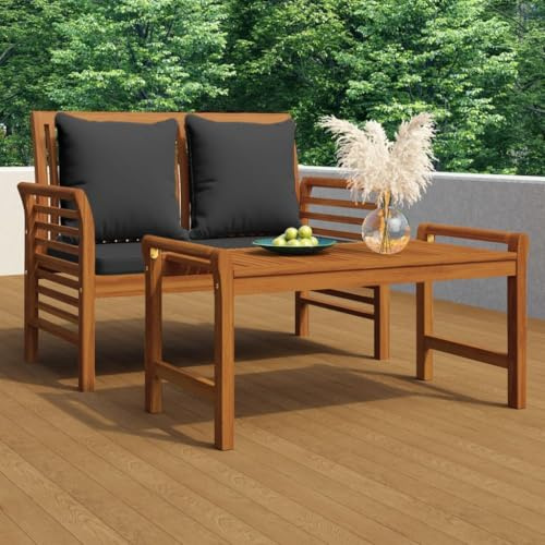 QZZCED Gartenbank mit dunkelgrauen Kissen aus Akazienholz, Bank für den Außenbereich mit gebogener Rückenlehne und Armlehnen, abnehmbare und dicke gepolsterte Kissen für den Innenhof