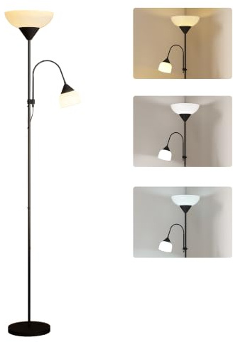 HOMCOM Stehlampe 2 Lampenköpfen 3 Lichtfarben Schwarz 28x28x179,5 cm | Moderne Standleuchte, 360° Schwenkbar, Stehleuchte mit Stahlfuß