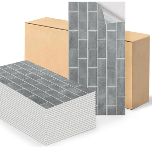 Swehooirt Grey Brick Marble Tile Stickers 60x30cm 50Pcs Thicken Self Adhesive Wall Tiles,Peel and Stick Waterproof Vinyl Marble Tiles for Bathroom Kitchen Splashback Living Room Bedroom