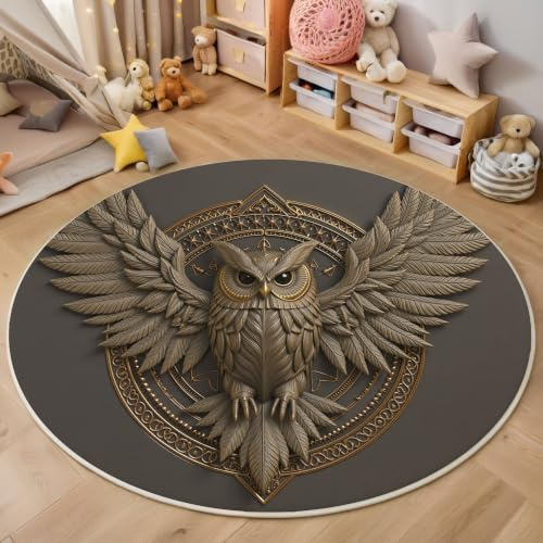 HASLEFND Tierrelief-Stil Zweiflügelige Eule Waschbarer Teppich Rund 80cm Runder Wohnzimmer Graubraun Rutschfester Tepich Kurzflor Schlafzimmer Carpet Wohnzimmer Esszimmer