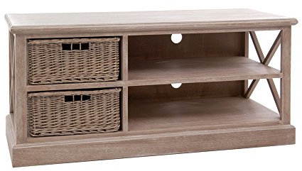 Générique Meuble TV 2 paniers en rotin Finition chêne patiné