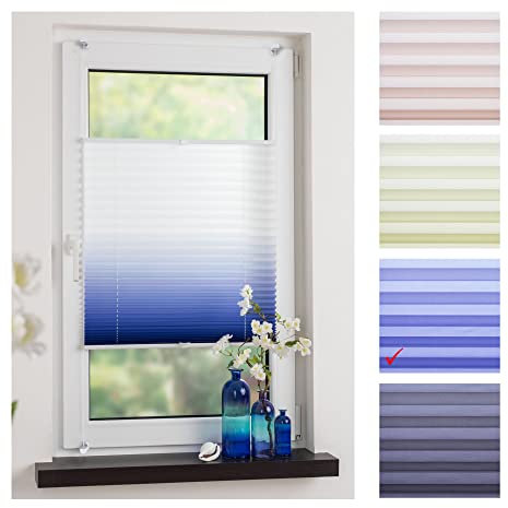 Liedeco® Klemmfix Plissee Farbverlauf verspannt mit Klemmträger/Breite x Höhe: 60x130 cm/Farbe: Blau/Plissee farbig/lichtdurchlässig verstellbar/Innen-Montage ohne Bohren / 123 montiert