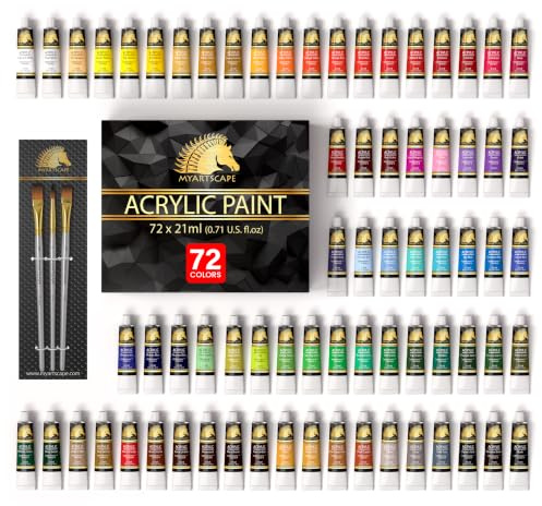 Myartscape Acrylic Paint Set - 72 x 21ml Heavy Body Paints & 3 Brushes | 72 heavy body acrylic paint tubes with 3 brushes for canvas wood fabric clay resin glass and crafts