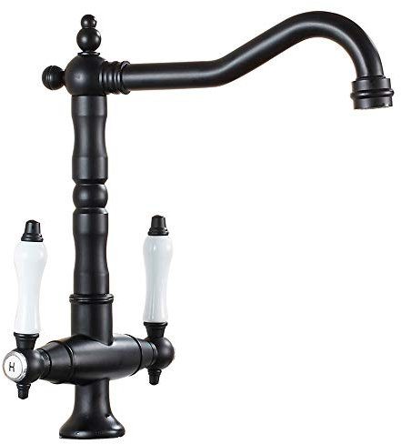 Traditional Kitchen Sink Mixer Tap Double Handle Solid Brass Kitchen Tap Antique Black Brass Georgian Classic Faucet (Black)