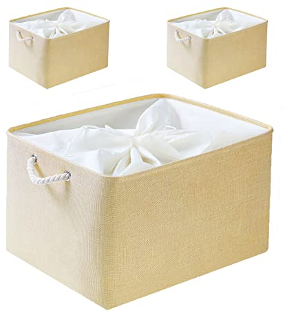 Mangata Faltbare Aufbewahrungsboxen, Extra große Stoffaufbewahrungskörbe mit Kordelzugverschluss, 3er-Pack (Beige, Extra groß)