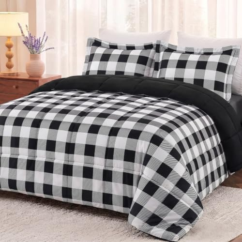 downluxe Leichtes Karomuster-Set (King-Size) mit 2 Kissenbezügen – 3-teiliges Set – schwarz/weiß kariert – Daunenalternative Wendedecke