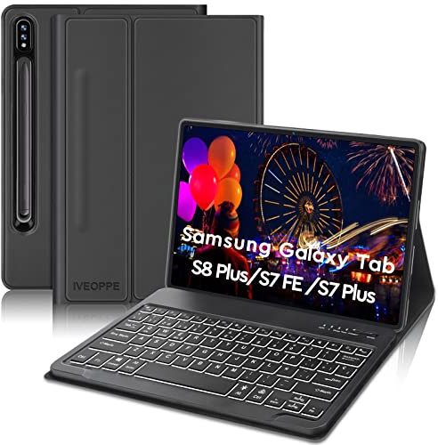 IVEOPPE Teclado Samsung Galaxy Tab S7 FE/S7 Plus/S8 Plus 12.4“, Funda Teclado Español Ñ Bluetooth Inalambrico Desmontable Retroiluminada, Gris