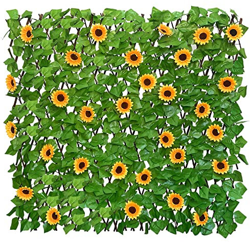 Sumery Brise-vue extensible pour balcon, terrasse, extérieur, clôture décorative en faux lierre, haies artificielles (feuilles d'un seul côté) (1, tournesols)