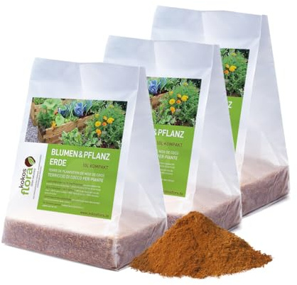 KOKOSFLORA 30L Kompakt - Premium Kokoserde in Beutel - Torffrei - Ideal für den Anbau von Gemüse, Obst und Keimung von Sämlingen mit Startdüngung (3 x 10L - 30L Kokos Blumenerde)