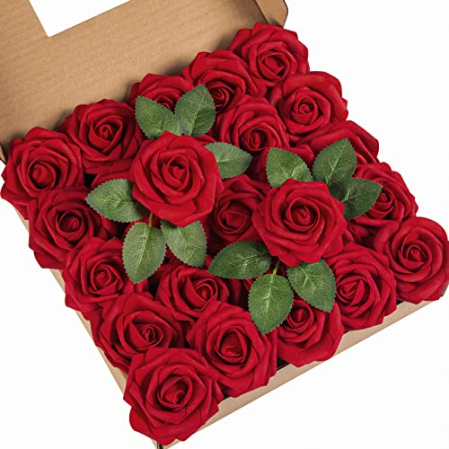 DuHouse 25 rose artificiali con gambi di fiori in schiuma al tatto vero e proprio per bouquet di nozze, baby shower, centrotavola per decorazioni floreali per feste (rosso scuro)
