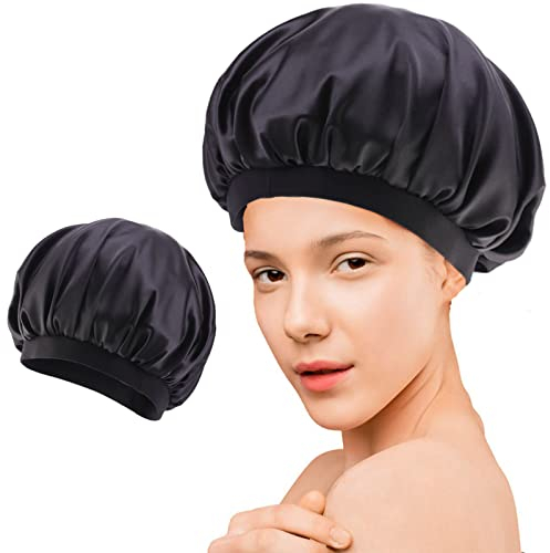 Satin-NachtmüTze, SeidenhaarmüTze, Elastisches Frauen Nacht Weiche NachtmüTze, seidenhaube für locken, FüR Haarpflege, Schlaf, Make-Up (Schwarz)
